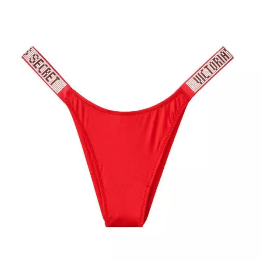 NWT VICTORIA'S SECRET LIPSTICK RED RHINESTONE SHINE STRAP BRAZILIAN PANTIES L